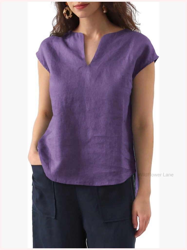 100% Linen V Neck Cap Sleeve Blouse Casual Summer Top
